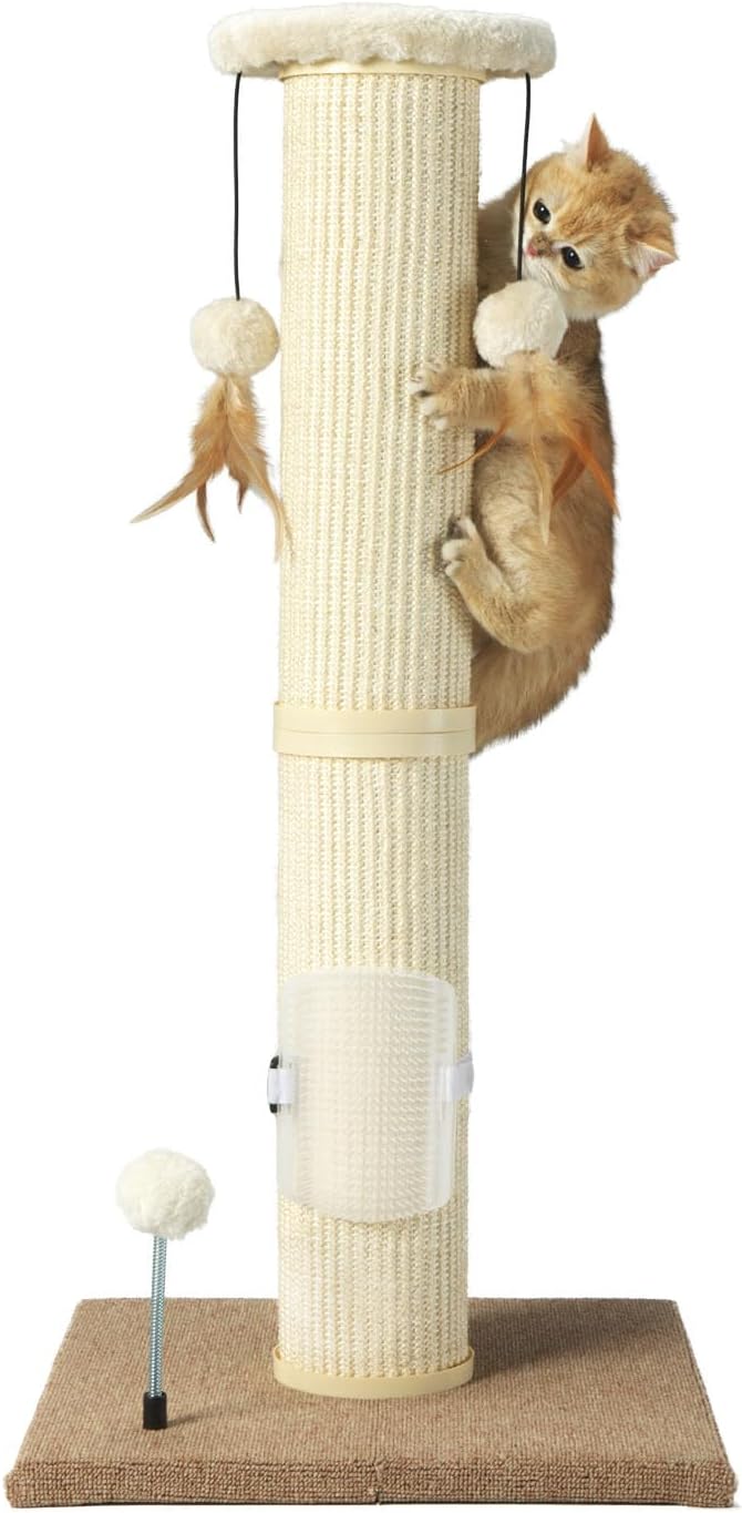 PAWSFANS Cat Scratching Post,34" Tall Large Sisal Woven Scratch Posts for Cats,with Hanging Ball Toy and Self-Massage Brush,Vertical Scratcher,5 Inches Diameter,Beige - PAWPICO