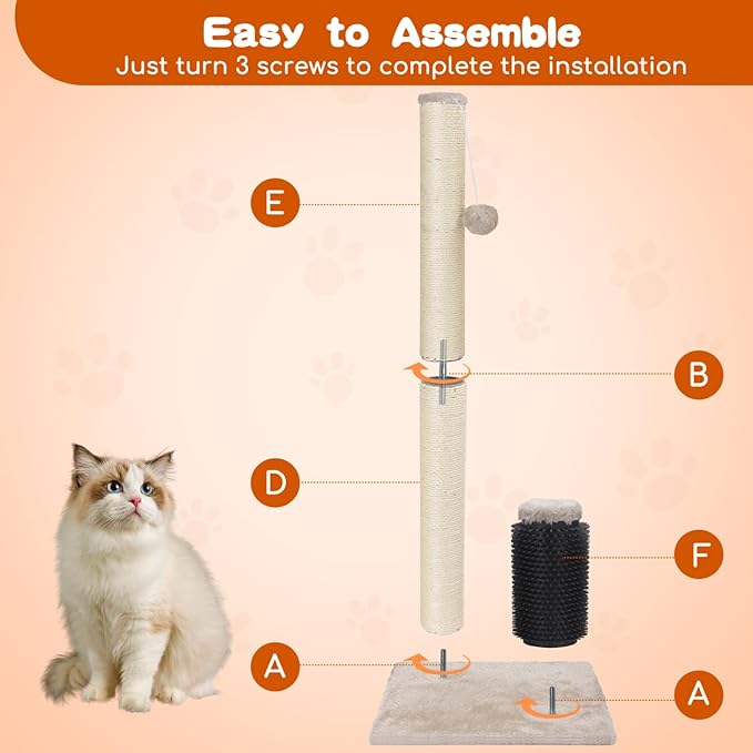 Nobleza 32” Tall Cat Scratch Post with Self Massage Brush, Natural Sisal Rope Cat Scratching Post for Indoor Cats, Stable Cat Scratcher Posts for Kittens Large Cats with Dangling Ball, Light Brown - PAWPICO