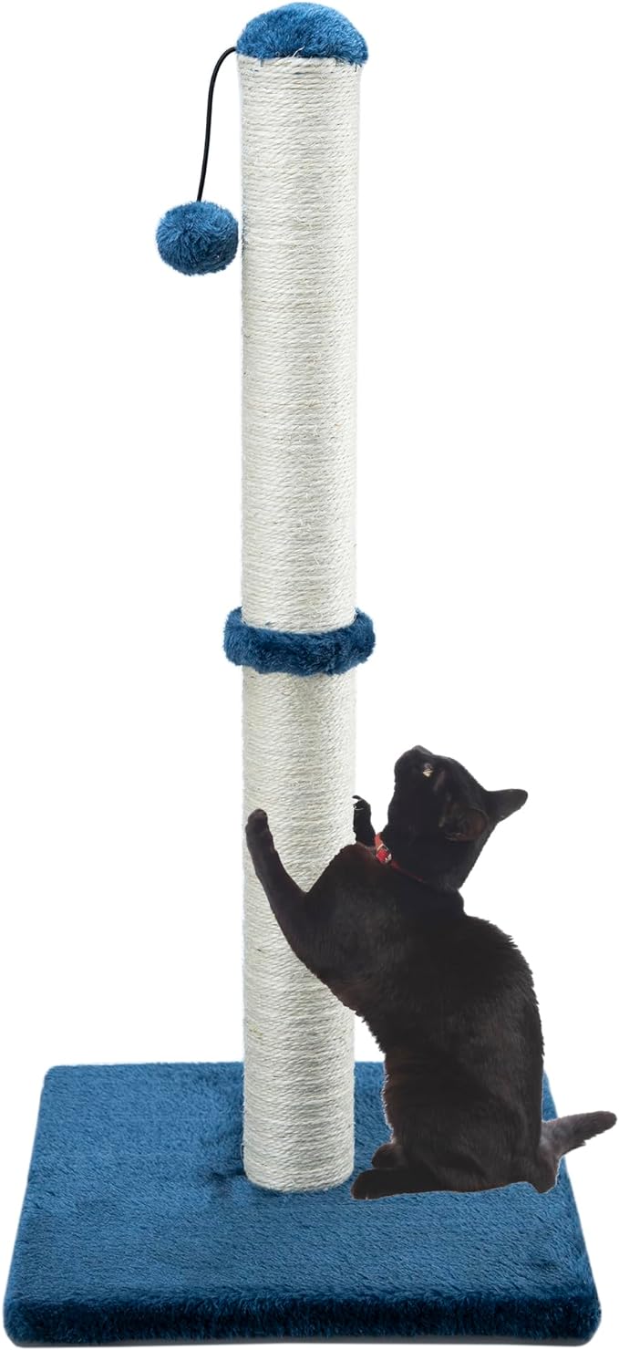 Dimaka 34" Tall Cat Scratching Post for Large Cats and Kittens, High Vertical Scratcher with Premium Natural Sisal Rope and Interactive Hanging Ball for Indoor Cats (Blue, 34 inches) - PAWPICO