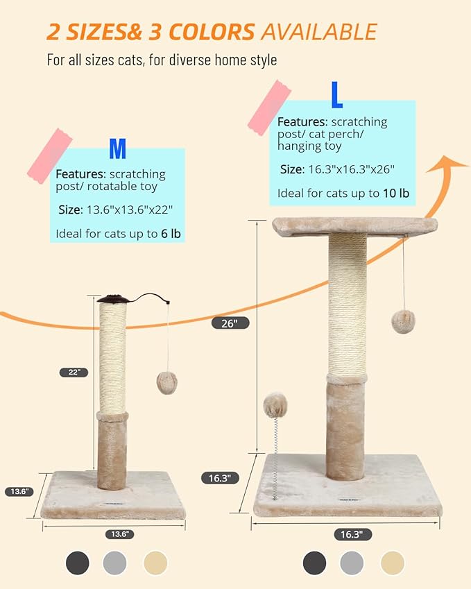Happi N Pets 26" Cat Scratching Post with Perch, Natural Sisal Scratchers Trees for Indoor Cats, Featuring with Hanging Balls & Cozy Cat Bed, Stable Cat Scratch Posts for Kittens-Beige - PAWPICO