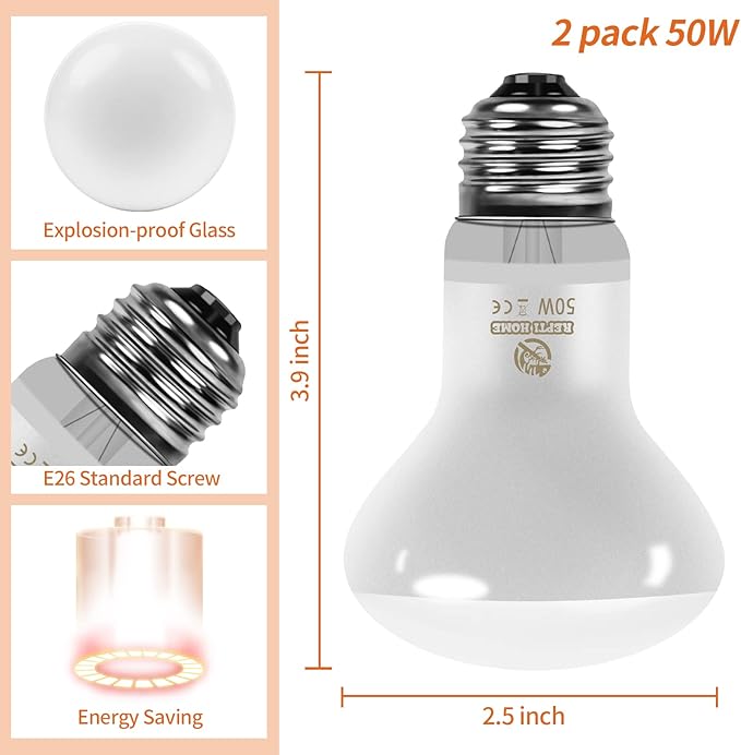 New Upgrade Reptile Heat Lamp Bulb (3rd Gen No Broken), 50W 2 Pack Basking Spot Light for Reptiles & Amphibians,UVA Daylight Heat Bulb for Bearded Dragon, Turtle REPTIHOME
