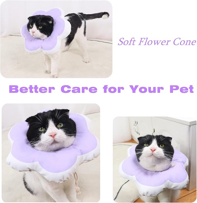 Soft Cat Cone Collar Waterproof Adjustable Pet E Collar Cute Purple Flower Collar for Cats Small Dogs Kitten Puppy After Surgery Prevent Licking(Purple,Medium) LAVVICHA