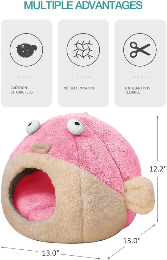 Cat Beds for Indoor Cats - Cat Bed Cave with Removable Washable Cushioned Pillow, Soft Plush Premium Cotton No Deformation Pet Bed, Lively Pufferfish Cat House Design, Pink, Multiple Sizes(S) - PAWPICO