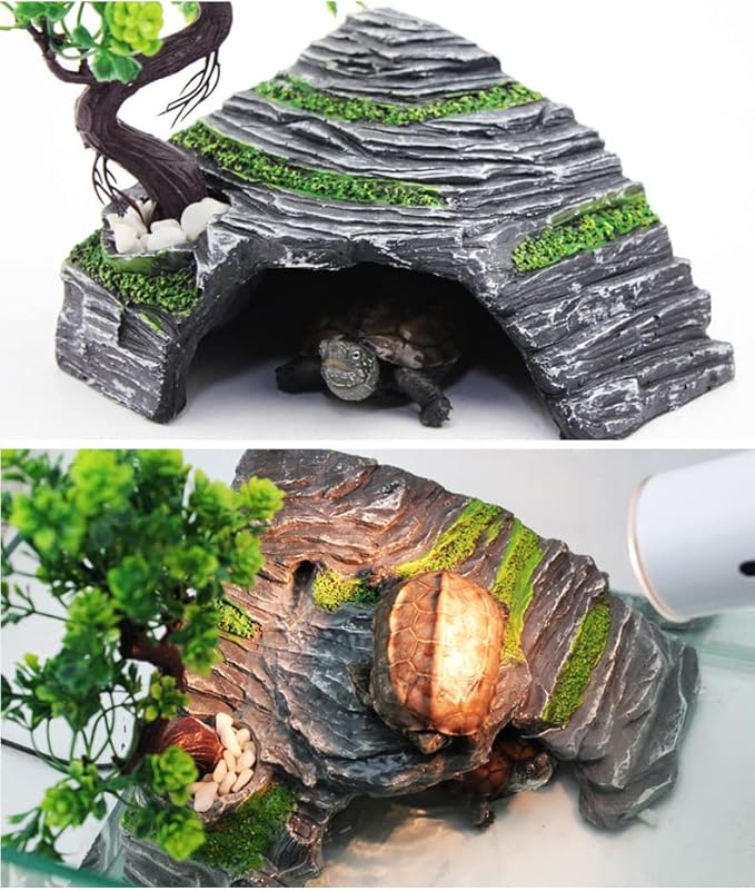 Reptile Simulation Rock Hide-Resin Amphibian Hideouts Cave Size 3.94'' x 1.77'' with Plastic Tree 7.87'',Habitat for Bearded Dragon Turtles Lizards Snakes Crab Gecko Leopard Spider Fish Zhildmosin