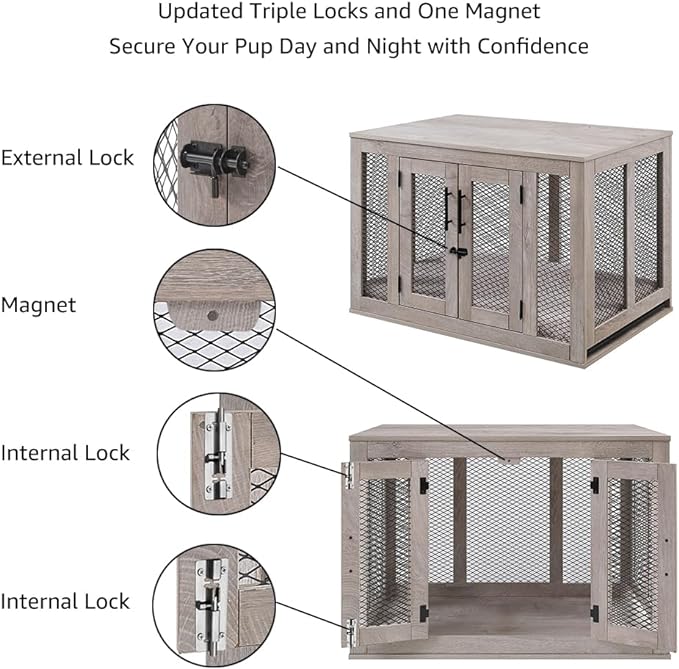 unipaws Dog Crate Furniture, Wooden Dog Kennel for Medium Breed, Indoor Decorative Wood Dog Cage, Inside Side End Table Crate with Removable Tray and Dog Bed, Dog Enclosure, for Dogs Up to 40 lbs - PAWPICO