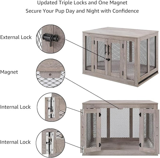 unipaws Dog Crate Furniture, Wooden Dog Kennel for Medium Breed, Indoor Decorative Wood Dog Cage, Inside Side End Table Crate with Removable Tray and Dog Bed, Dog Enclosure, for Dogs Up to 40 lbs - PAWPICO