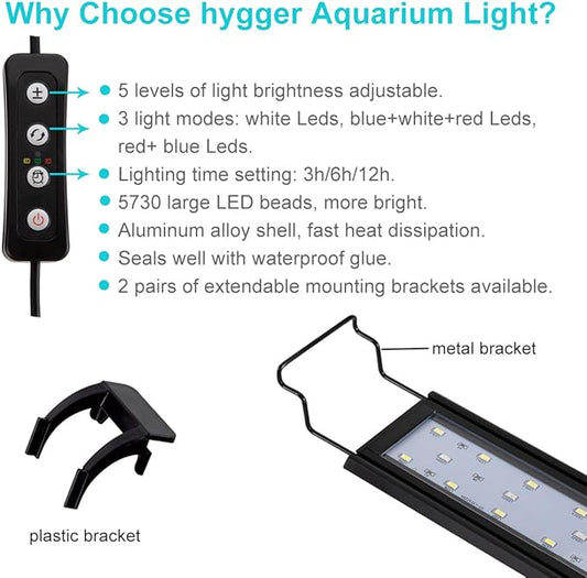 hygger 32W Full Spectrum Aquarium Light with Aluminum Alloy Shell Extendable Brackets, White Blue Red LEDs, External Controller, for Freshwater Fish Tank (46-52 inch) hygger