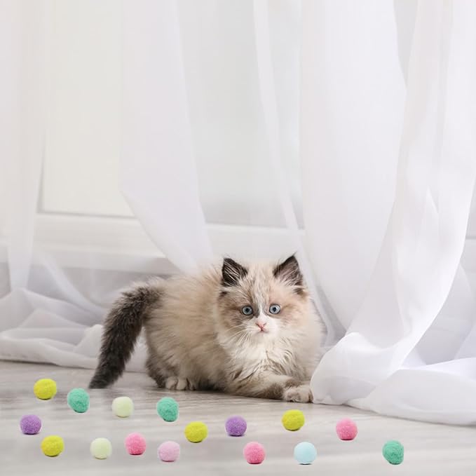 Andiker Cat Toy Balls Set, 30pcs Plush Cat Pom Pom Balls&a Plastic Launcher Set for Cat Catch&Fetch Interactive Cat Toy with Colorful&Soft Cat Balls for Indoor Cats to Keep Fit (Blue 100balls) - PAWPICO