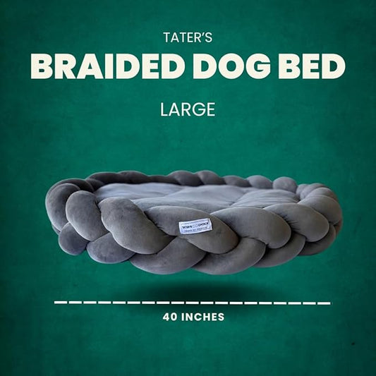 Tater's Choice 40" Dog Bed - Premium Braided Dog Bed with 3 Pack of Plush Bones - Luxurious and Durable Pet Beds with Plush Polyester Filling, Non-Slip Base, Washable Mattress, Charcoal Grey, Large - PAWPICO