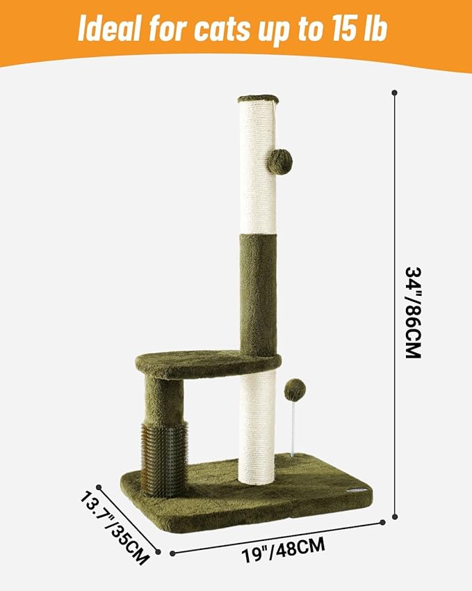 Happi N Pets 34“ Tall Cat Scratching Post for Big Cats, Natural Sisal Cat Scratchers for Indoor Cats, Heavy Duty Cat Stands Featuring with Cat Self Groomer and Hanging Toys, Free Catnip-Green - PAWPICO
