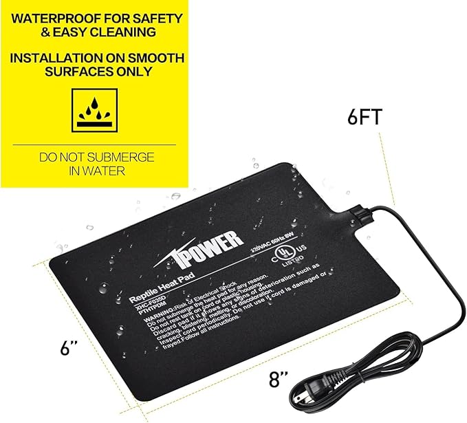 iPower Reptile Heat Pad Under Tank Terrarium Warmer Heating Mat for Turtle, Lizard, Frog, Snake, Reptile, and Other Small Animals, 6X8 Inch, 8W Black iPower