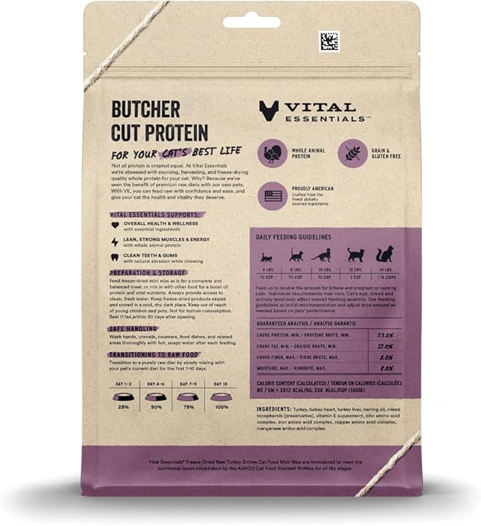 Vital Essentials Freeze Dried Raw Cat Food, Turkey Mini Nibs Entree, 12 oz VitalEssentials