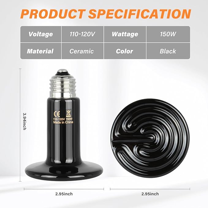 Simple Deluxe 150W Reptile Ceramic Heat Lamp Bulb and 150W Clamp Light with 8.5 Inch Reflector for Amphibian Pet, Black&Silver SimpleDeluxe