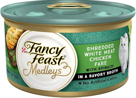 6 Cans of Fncy Fest Medleys Shredded White Meat Chicken Fare Canned Cat Food, 3-oz, ea with a Cat Toy - PAWPICO