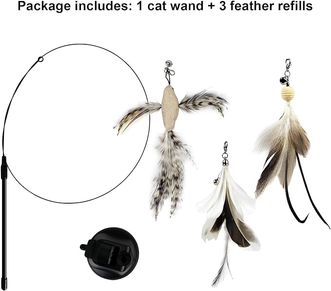 Cat Wand Toys with Suction Cup, Interactive Bird Simulation Cat Toy Set,Cat Teaser Cat Toys,Flexible Steel Wire and 3Pcs Replacement Feather Refills with Bells. - PAWPICO