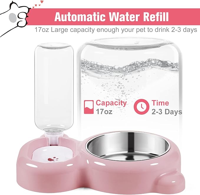 Dog Bowls, Cat Food and Water Bowl Set with Water Dispenser and Stainless Steel Bowl for Cats and Small Dogs - Pink - PAWPICO