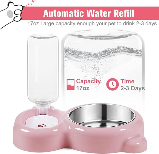 Dog Bowls, Cat Food and Water Bowl Set with Water Dispenser and Stainless Steel Bowl for Cats and Small Dogs - Pink - PAWPICO