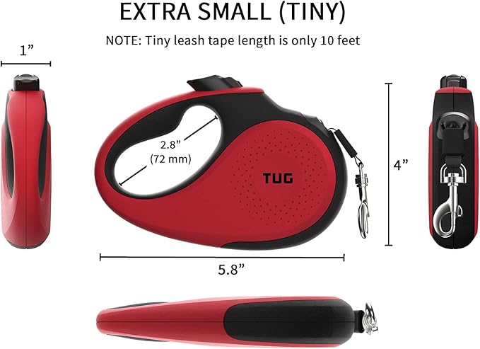 TUG Tiny 360° Tangle-Free Retractable Dog Leash with Anti-Slip Handle | 10 ft Nylon Tape | One-Handed Brake, Pause, Lock (Red) TUG