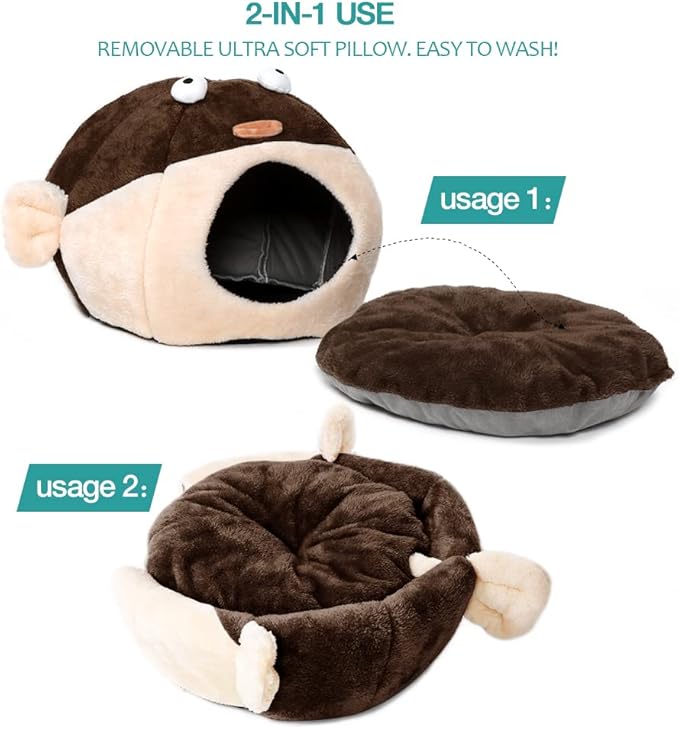 Cat Beds for Indoor Cats - Cat Bed Cave with Removable Washable Cushioned Pillow, Soft Plush Premium Cotton No Deformation Pet Bed, Lively Pufferfish Cat House Design, Brown, Multiple Sizes(S) - PAWPICO
