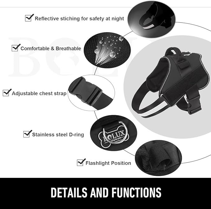 Bolux Dog Harness, No-Pull Reflective Dog Vest, Breathable Adjustable Pet Harness with Handle for Outdoor Walking - No More Pulling, Tugging or Choking (Black, XS) Bolux