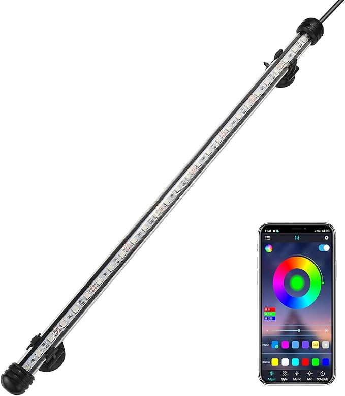 GreenSun Fish Tank Aquarium Light: Submersible Led Lamp - 19 Inch Waterproof Strip Spotlight with APP Control GreenSun