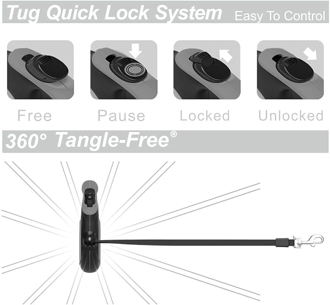 TUG 360° Tangle-Free Retractable Dog Leash with Anti-Slip Handle | 16 ft Strong Nylon Tape | One-Handed Brake, Pause, Lock (Small, Grey) TUG