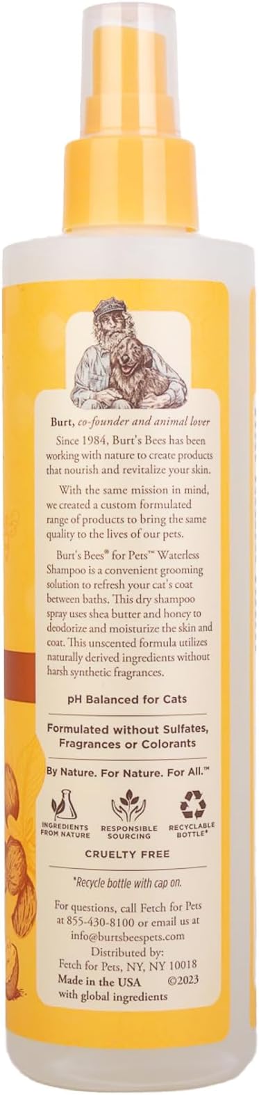 Burt's Bees for Pets Cat Naturally Derived Waterless Shampoo with Shea Butter and Honey - Cat Waterless Shampoo Spray - Easy to Use Cat Dry Shampoo - Made in the USA, 10 Oz - PAWPICO