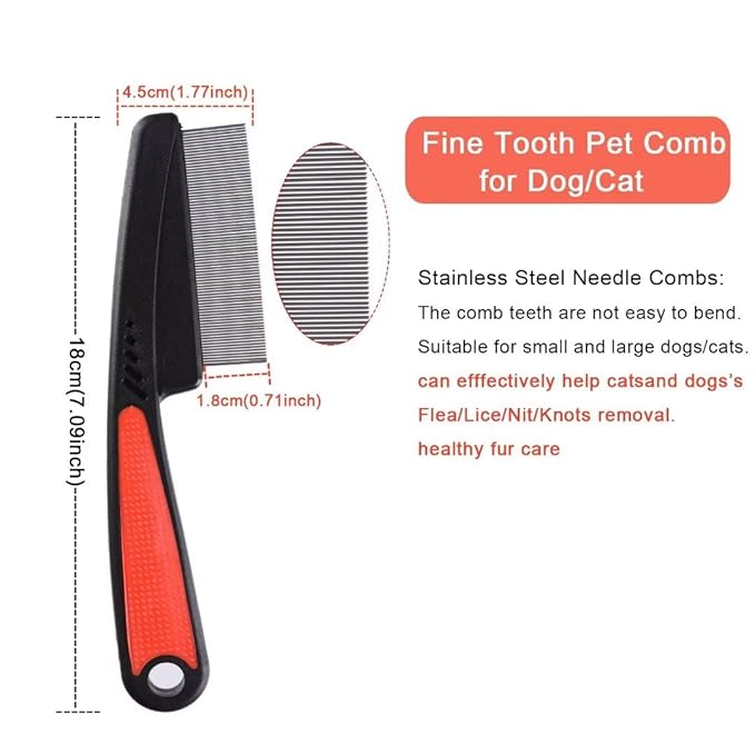 2 Pieces Fine Tooth and Wide Tooth Dog Grooming Comb - Rubber Handle Hair Comb for Small Dogs & Cats with Flea and Tick Removal (2PCS, Black Red) iluadme