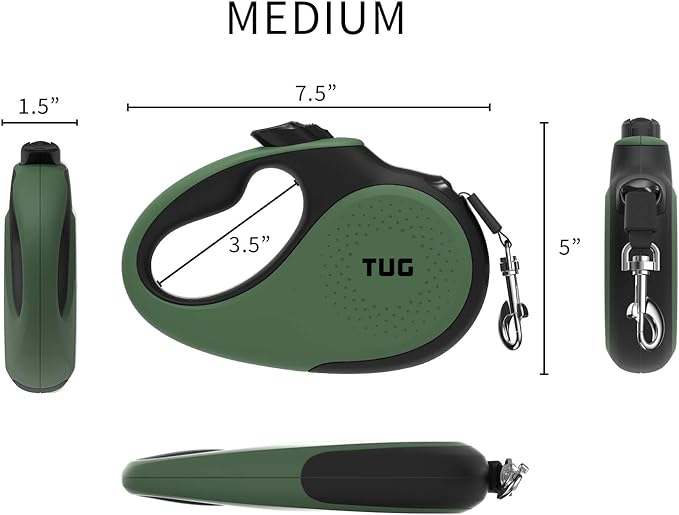 TUG 360° Tangle-Free Retractable Dog Leash with Anti-Slip Handle | 16 ft Strong Nylon Tape | One-Handed Brake, Pause, Lock (Medium, Green) TUG