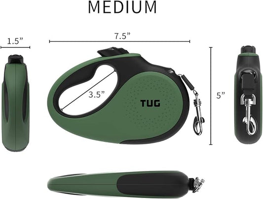 TUG 360° Tangle-Free Retractable Dog Leash with Anti-Slip Handle | 16 ft Strong Nylon Tape | One-Handed Brake, Pause, Lock (Medium, Green) TUG
