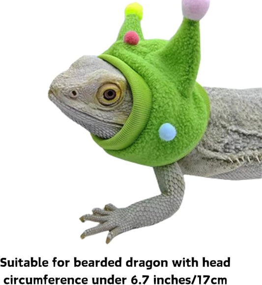 Bearded Dragon Hat - Winter Warm Lizard Cap with Horns & Pom Pom Ball Fun Halloween Outfit Bull Costume Elastic Headwear Accessories Anxiety Relief Ear Muffs for Reptile Fancy Rat Ferret (Green) SEZDEKI