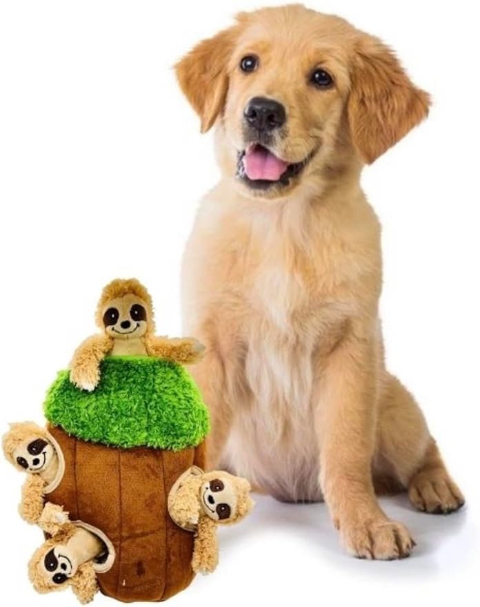 Sloth in Tree Hide and Seek Dog Toy for Small and Medium Size Dogs, Plush Sloth Inside Trunk Dog Toy with Squeaker, Interactive Burrow Dog Toy (Tree with Sloths, Medium) - PAWPICO