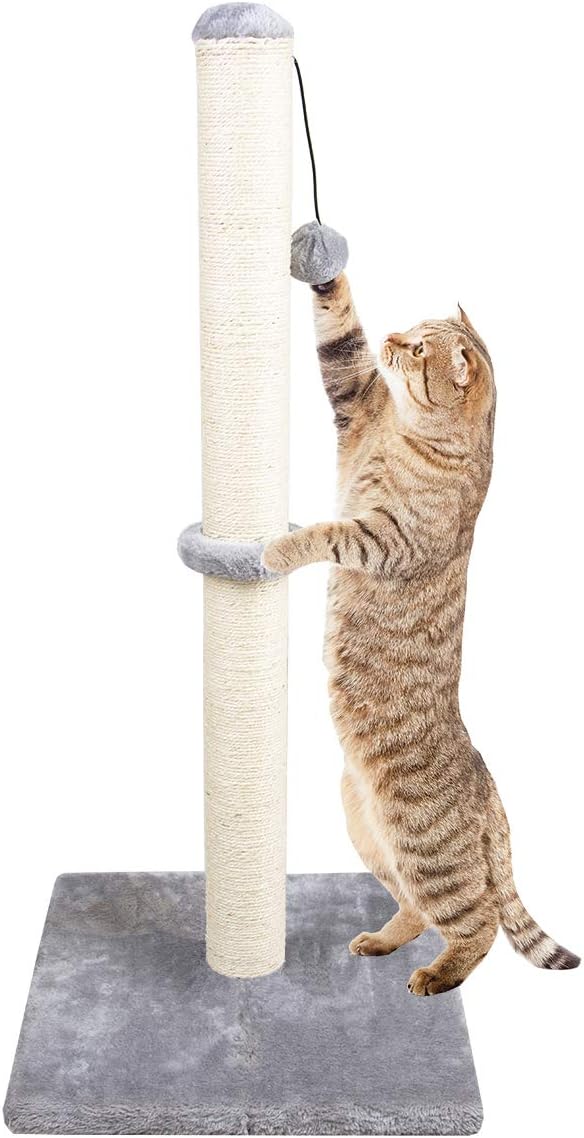Dimaka 34" Tall Cat Scratching Post for Large Cats and Kittens, High Vertical Scratcher with Premium Natural Sisal Rope and Interactive Hanging Ball for Indoor Cats(Grey, 34 inches) - PAWPICO