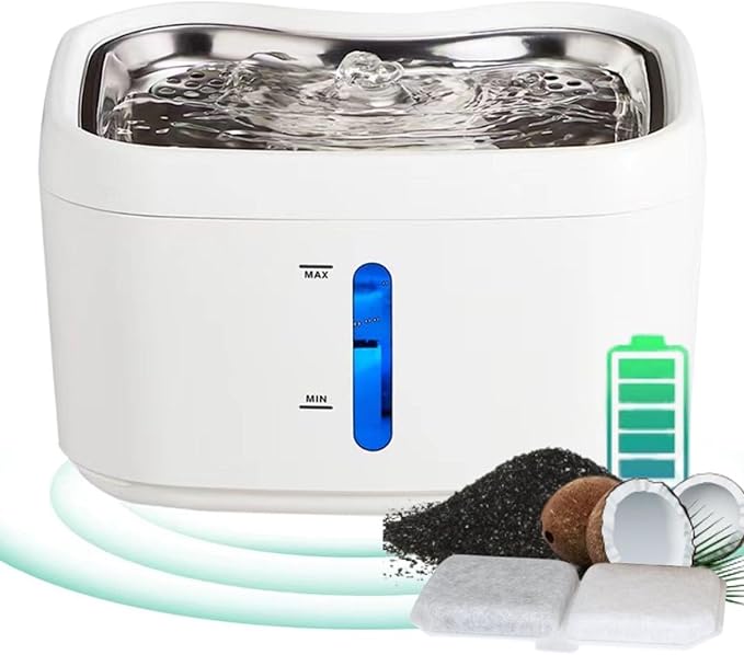Meill Cat Water Fountain Stainless Steel, 85oz/2.5L Wireless Pet Fountain Battery Operated, 220° Automatic Sensing Circulating Dog Drinking Dispenser, Silent Pump for Indoor Use, Easy to Clean, White - PAWPICO