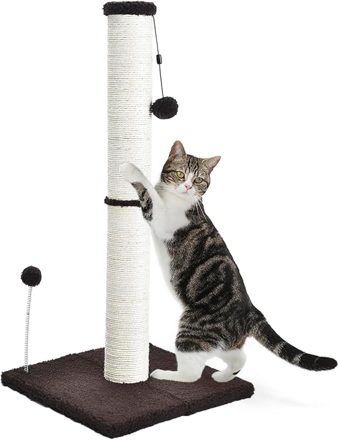 Cat Scratching Post 32" Tall Scratching Post Kitten Scratcher Sisal Scratch Posts Basic with Hanging Ball for Indoor Cats, Integrated Cat Toys, Brown - PAWPICO