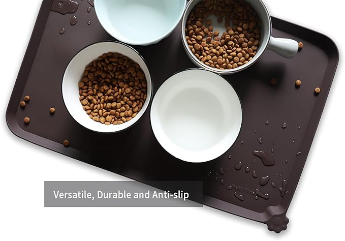 Hoki Found L Silicone Pet Food Mats Tray - Non Slip Pet Dog Cat Bowl Mats Placemat - Dog Pet Cat Feeding Mat - Waterproof Dog Cat Food Mats -Pet Water Mats for Carpet -Dark Oak - PAWPICO