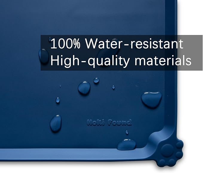 Hoki Found L Silicone Pet Food Mats Tray with High Lips - Non Slip Pet Dog Cat Bowl Mats Placemat - Dog Cat Food Mats - Waterproof Dog Pet Cat Feeding Mat -Pet Water Mats for Carpet - Indigo Ink - PAWPICO