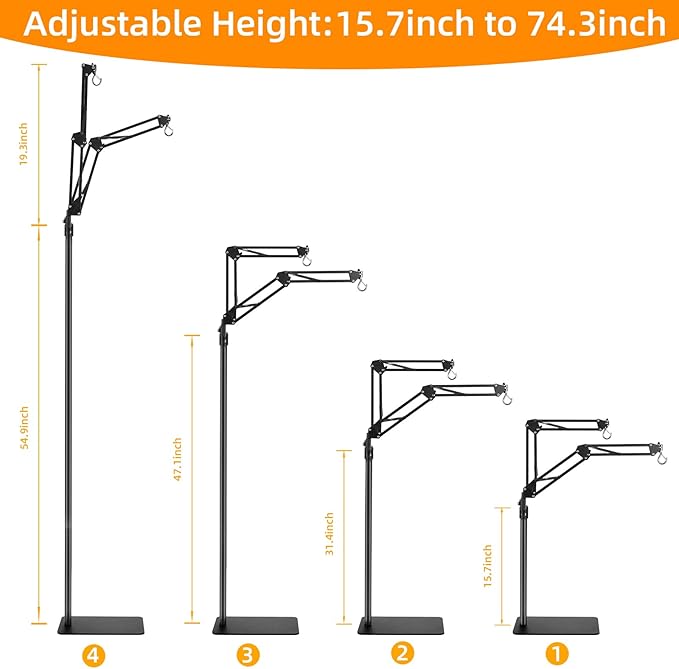 Dual Reptile Lamp Stand Reptile Heat Lamp Stand, Adjustable Reptile Light Stand (15.7-74.3inch) with 360°Swing Arm and Anti-tip Clip,Reptile Lamp Holder for Reptile Tank and Amphibians Cage PAWPICO