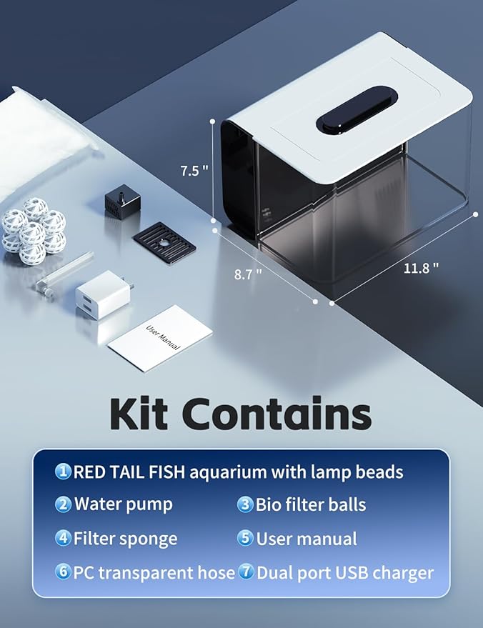Betta Fish Tank, 2.5 Gallon Aquarium Kit with Filter, Light, Self Cleaning, Oxygenation, Small All in One Starter Fish Tank for Goldfish, Guppy, Shrimp, Desktop, Acrylic REDTAILFISH