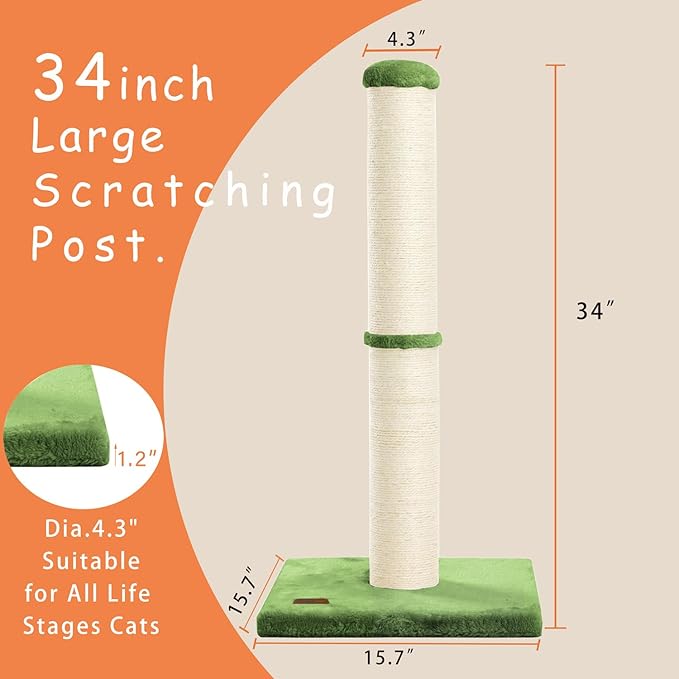 34inch Cat Scratching Post with Natural Sisal Rope 4.3Inch Large Diameter Scratcher Post Tree for Indoor Cats Green - PAWPICO