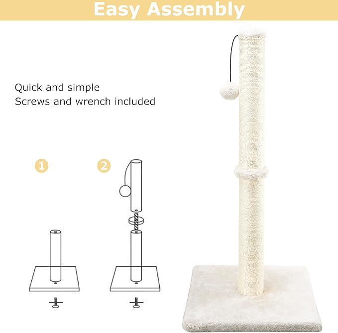 Dimaka 34" Tall Cat Scratching Post for Large Cats and Kittens, High Vertical Scratcher with Premium Natural Sisal Rope and Interactive Hanging Ball for Indoor Cats(Beige, 34 inches) - PAWPICO