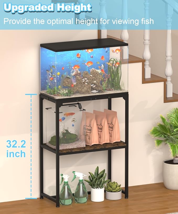 20 Gallon Fish Tank Stand, Upgraded Height Aquarium Stand Table with 2 Tiers Storage Shelf, Metal Reptile Breeder Turtle Terrarium Stand Rack for Home Office, 24" L x 12" W x 32.2" H, Black Mondazie