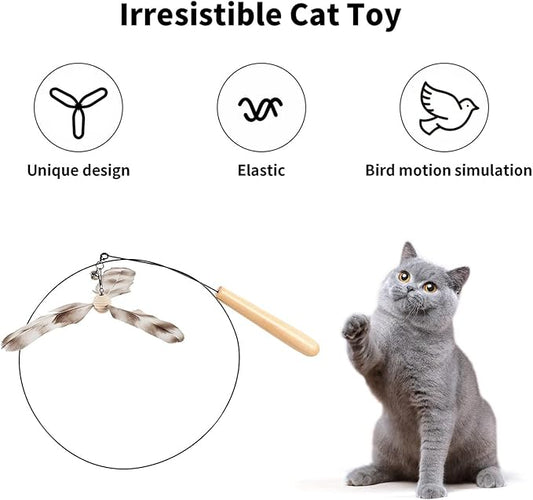 FUKUMARU Cat Wand Toy, 35.5 Inch Cat Feather Propeller Toy with Bell, Steel Wire Cat Toy for Indoor Cats with Natural Feather - PAWPICO