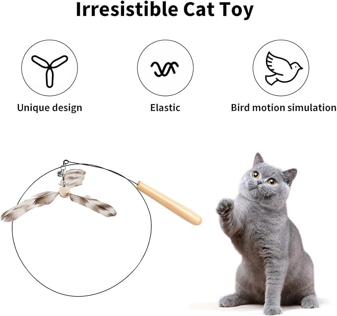 FUKUMARU Cat Wand Toy, 35.5 Inch Cat Feather Propeller Toy with Bell, Steel Wire Cat Toy for Indoor Cats with Natural Feather - PAWPICO