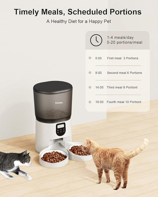 Automatic Cat Feeder for 2 Cats, 6L/25Cups Cat Food Dispenser with 2 Stainless Bowls, Pet Feeder with Timer Setting 20 Portions 4 Meals Per Day for Cats and Dogs, Dual Power Supply 10s Meal Call - PAWPICO