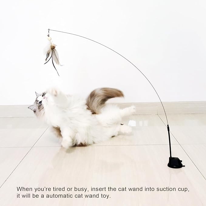Cat Wand Toys with Suction Cup, Interactive Bird Simulation Cat Toy Set,Cat Teaser Cat Toys,Flexible Steel Wire and 3Pcs Replacement Feather Refills with Bells. - PAWPICO