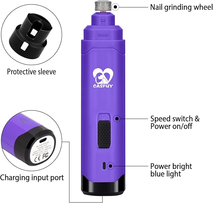 Casfuy Dog Nail Grinder Upgraded - Professional 2-Speed Electric Rechargeable Pet Nail Trimmer Painless Paws Grooming & Smoothing for Small Medium Large Dogs & Cats (Purple) - PAWPICO