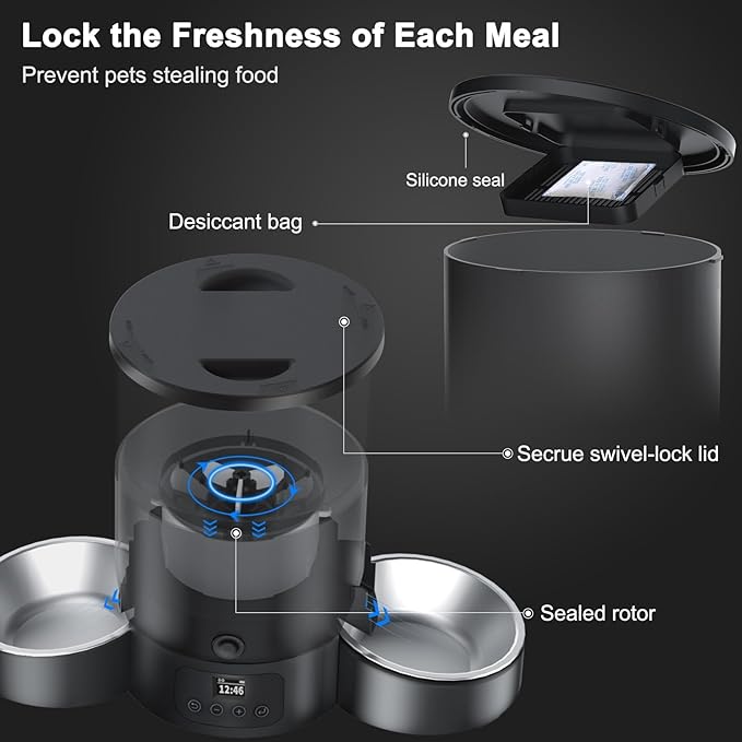 Automatic Cat Feeder for 2 Cats, 3L Cat Food Dispenser SURDY Auto Cat Feeder with 2 Stainless Bowls, 10s Meal Call Dual Power Supply and Timer Setting 12 Portions 6 Meals Per Day for Cats and Dogs - PAWPICO