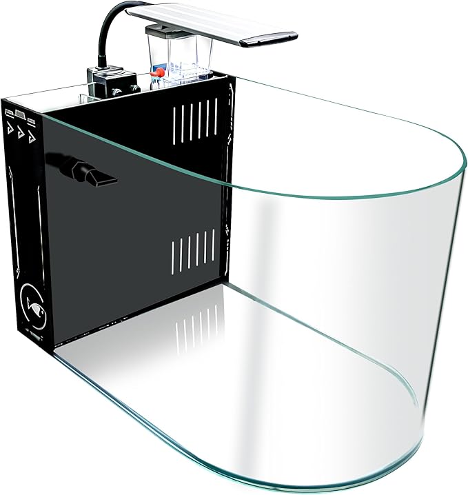 12 Gallon Saltwater Aquarium U-Shaped Low Iron Ultra Clear Glass Aquarium Saltwater Fish Tank Reef Tank with Lid and Pad, Protein Skimmer, LED Light and Pump (Black, Premium All-in-One Kits) GankPike