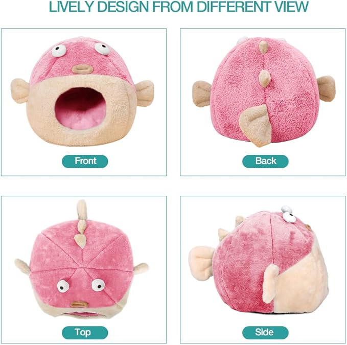 Cat Beds for Indoor Cats - Cat Bed Cave with Removable Washable Cushioned Pillow, Soft Plush Premium Cotton No Deformation Pet Bed, Lively Pufferfish Cat House Design, Pink, Multiple Sizes(L) - PAWPICO